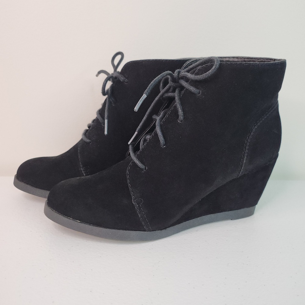 Dark Academia Chukka Wedge Boots Womens 6.5 Black Whimsigoth Lace Up Faux Suede